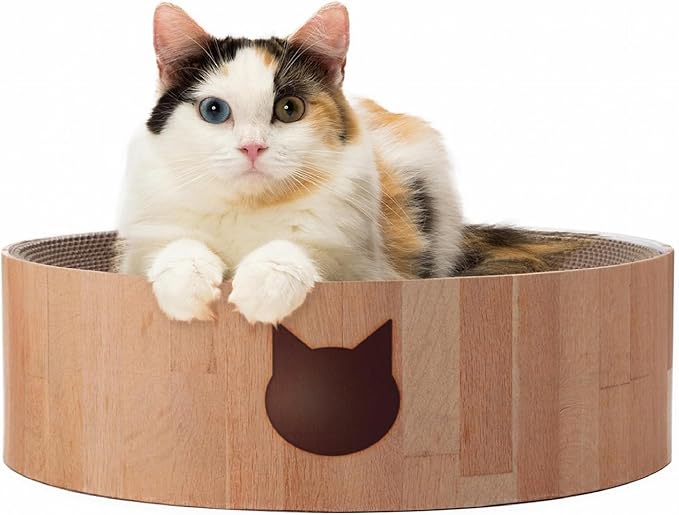 Necoichi Cat Scratcher Bowl for Indoor Cats - Cat Scratching Lounger with Reversible Usability and Extra Comfort for Lounge, Cardboard Bed Couch / (Regular, Oak)