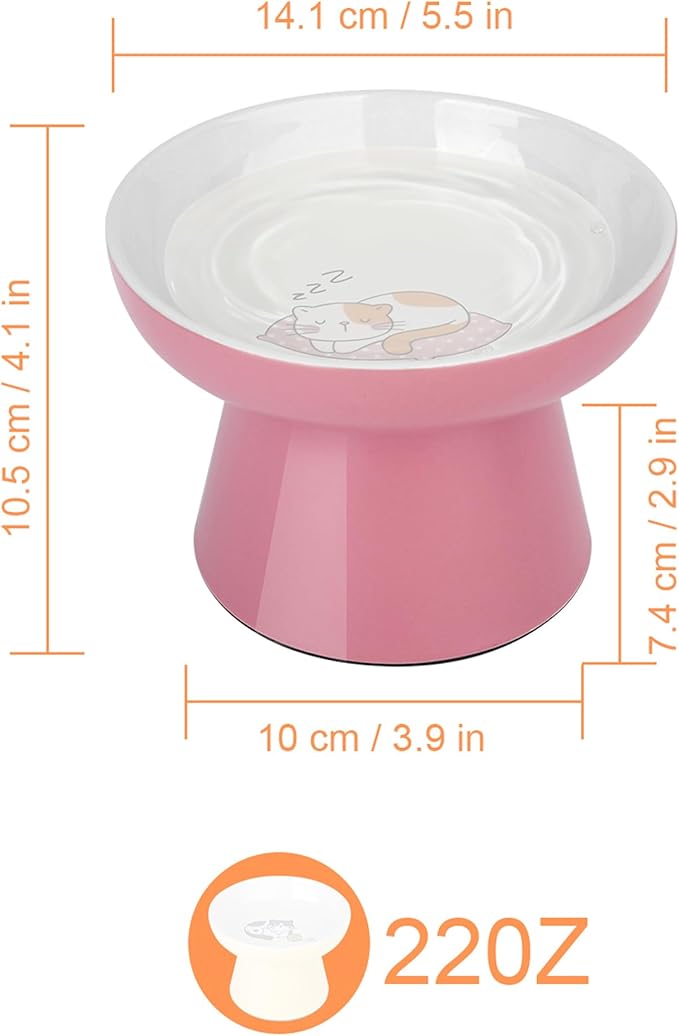 Ceramic Raised Cat Bowl, Elevated Cat Food Bowl with Non-Slip Base,Whisker Friendly Shallow Feeder for Dry & Wet Food, Dishwasher Safe, Anti Vomiting (Pink)