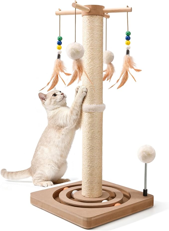 25 Inches Cat Scratching Post with Interactive Toys, Sisal Cat Scratch Post with Sturdy Ball Track Base for Indoor Cats and Kittens