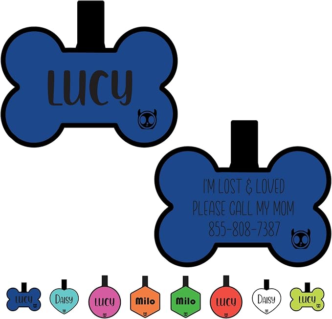 Silicone Silent Dog Tag Personalized with 5 Lines of Custom Deep Engraved Durable Soundless Pet ID Name Tag Bone Blue