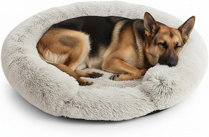Fluffy Dog Bed Calming Donut Beds for Large Dogs Warming Round Small Medium Pet Nest Cozy Cat Mattress Indoor Washable Puppy Kennel Kittens Sleep Mat (L, 35.4×35.4 inch, Beige)