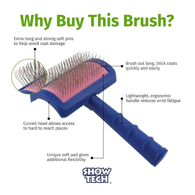 Show Tech Tuffer Than Tangles Slicker Brush for Dog Grooming with Long, Regular Pins, Medium Size, Perfect for Doodle Breeds, Angled Pins for Dematting, Remove Undercoat, Comfort Grip Handle