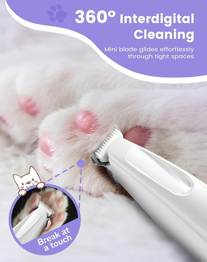 Dog Paw Trimmer with LED Light, 35dB Low Noise Paw Trimmers for Dog's Feet, 2 Speed Safety Electric Dog Clippers for Grooming, Rechargeable Cat Shaver for Paws, Ears, Face, Rump (White)