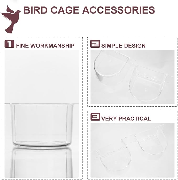 Balacoo 6 Pcs Bird Feeder Bowl for Cage: Clear Thick Semicircle Bird Seed Container, Cockatiel Drinking Trough Parakeet Feeder Cups for Conure Budgerigar Pigeon Parrot, 4 Inch