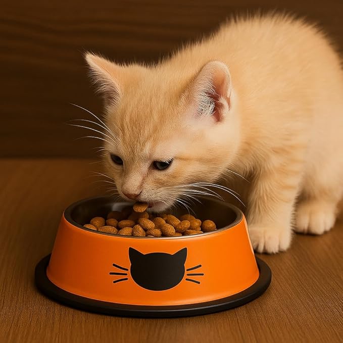 4 Pack Printed Stainless Steel Cat Bowls – 8.1 fl oz Anti-Skid Food & Water Cat Feeding Bowls|Cat Dish for Food and Water Bowl|Cat Feeding Bowl for Kitten (Grey, Red, Orange & Blue)