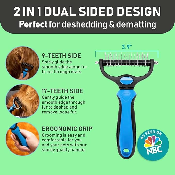 Dual Sided Undercoat Rake Dog & Cat Deshedding Tool, Blue