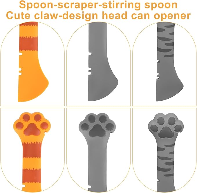 Tinoaly 3 Pcs Dog Cat Food Spoon, Adorable Paw Spoon for Wet Food Silicone Can Opener Multifunctional Pet Spatula Scoop Mixing Spoons for Cat Dog Supplies (Orange, Grey & Dark Grey)