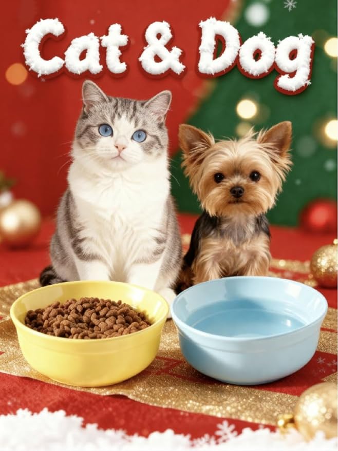 5.3 Inch Blue and Yellow Ceramic Small Dog Bowl Sets - Porcelain Wide Mouth Cat Food or Water Bowls, Cute Feeding Bowls for Indoor Small Size Dog, for Wet or Dry Food