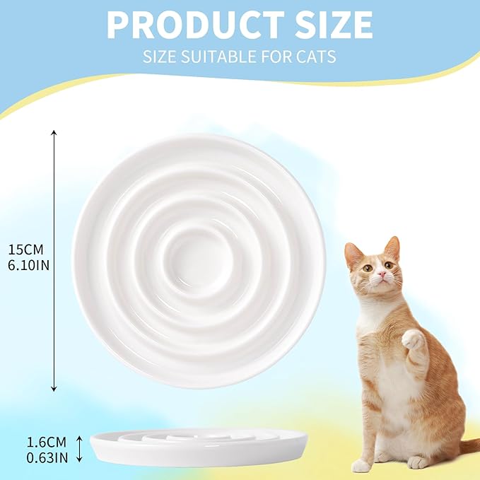 Ceramic Cat Slow Feeder,Shallow and Wide Opening Dish for Whisker Friendly,Anti Knocked Over Heavy Plate Bowls for Puppy Kitten Dry and Wet Food