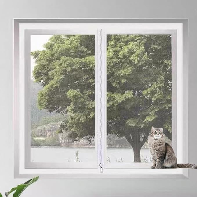 Cat Netting Window Screen Anti-Falling Mesh Fence,High-Security Cat Balcony Protection Net Self-Adhesive Insect Fly Screen with Zipper Opening (White,47x59inch)