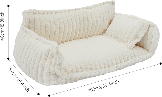 Fluffy Pet Couch for Cats & Dogs, Plush Animal Sofa with Removable Washable Cover,Calming Bed for Small or Medium and Large-Sized Pets, Dark Gray Modern Pet Furniture (White)