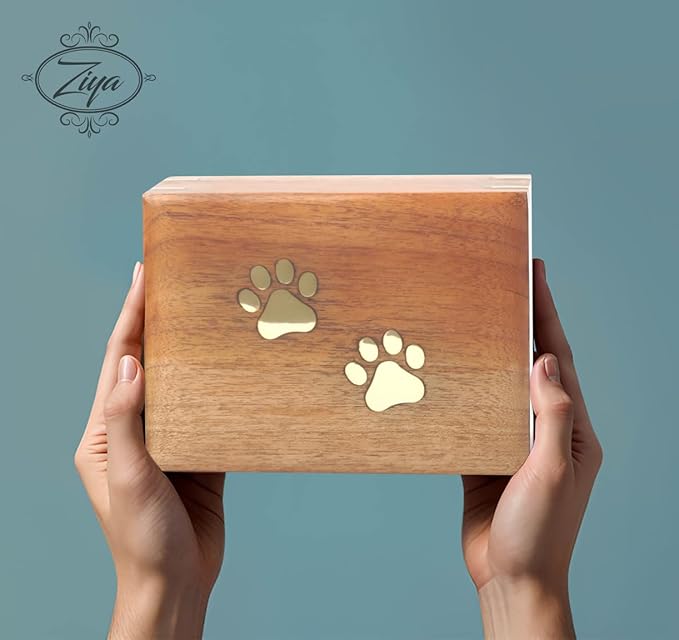 ZIYA Wooden Cremation Urn for Dog Ashes | Handmade Wood Pet Urn | Brass Paws Inlaid | Pet Memorial | Funeral Urns for Pet Ashes-Small