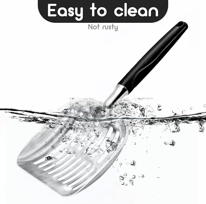 Showvigor Cat Litter Scoop, Metal Cat Scooper, Plastic Handle Scoop, Sifting Shovel – Heavy Duty Aluminum Alloy Litter Box Scoop with Deep Mesh, Design for Easy Waste Removal and Cleaning, (Black)