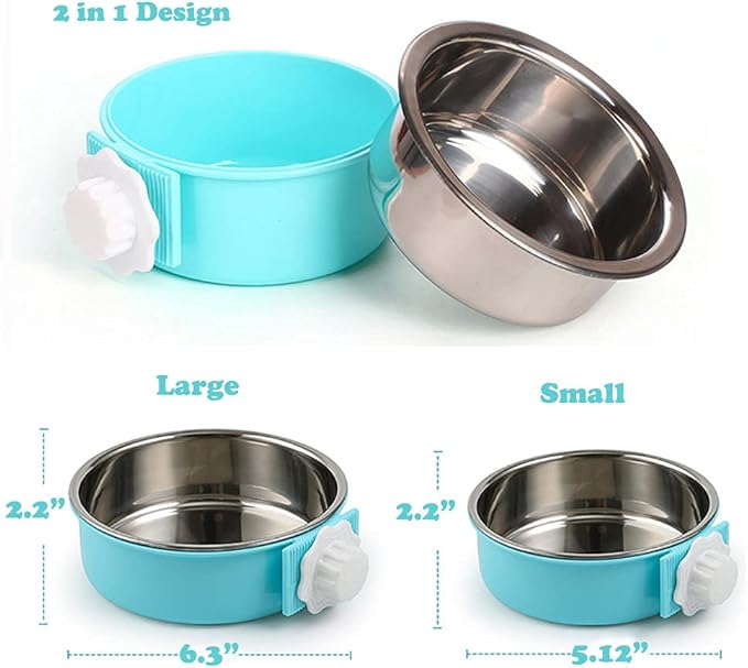 Love Dream Crate Dog Cat Bowls, Removable Stainless Steel Hanging Pet Cage, Food Water Feeder with Bolt for Puppy Birds 2 Pack with Silicone Sponge Dish Brush
