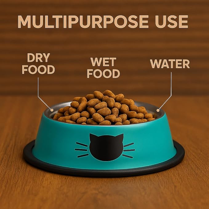 2 Pack Printed Stainless Steel Cat Bowls – 8.1 fl oz Anti-Skid Food & Water Cat Feeding Bowls|Cat Dish for Food and Water Bowl|Cat Feeding Bowl for Kitten (Blue & Grey)