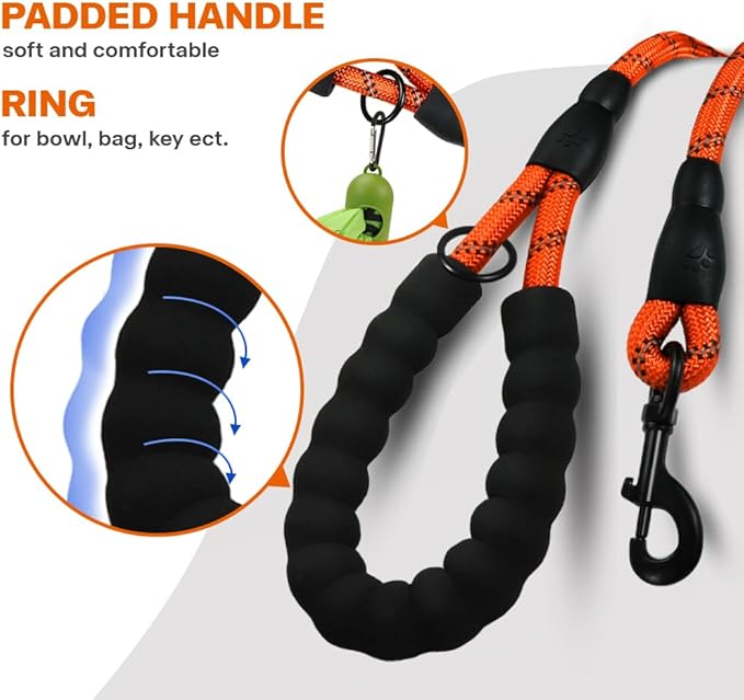 Taglory Rope Dog Leash 6 FT with Comfortable Padded Handle, Highly Reflective Threads Leash and Anti-Tangle Clip for Walking Medium Large Dogs, 1/2 inch, Orange