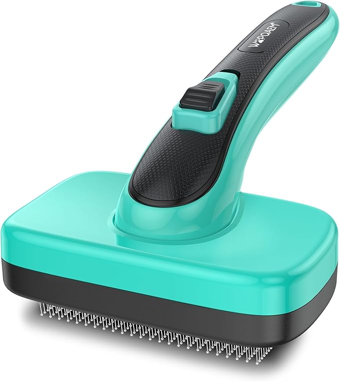 Self Cleaning Slicker Brush for Dog, Cat, Skin Friendly Shedding & Grooming Tool for Long and Short Haired Pets, Easy Clean Retractable Bristles, Green