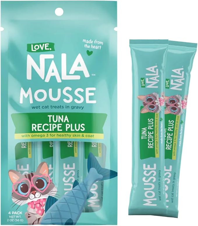 LOVE, NALA Tuna + Omega-3 Mousse Cat Treats – Brain & Heart Health Support – Lickable Squeeze-Up Puree, Topper or Treat – Grain-Free, 4 Pack – Human-Grade Protein, Non-GMO, No Artificial Additives