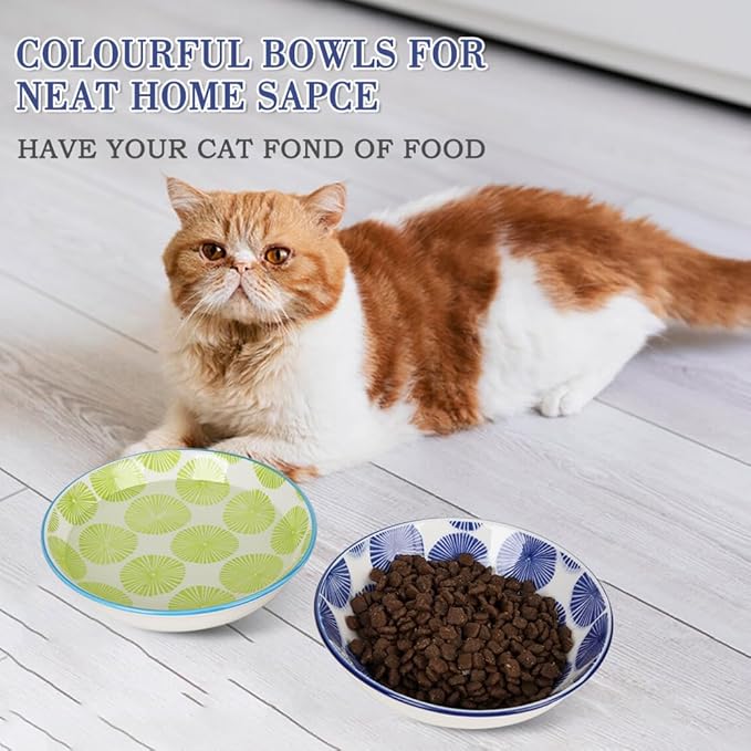 HAPPY KIT 2pcs Little Cat Bowls,5.7 inch Food Bowl for Indoor Cats，Ceramic Wide Shallow Bowl for Relief Whisker Friendly,8.5oz Cats Dish/Dishes with Non-Slip Mat, 2 Stamen
