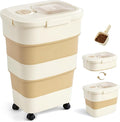 45-50lbs Dog Food Storage Container, Large Capacity Collapsible Airtight Pet Food Storage Containers with Rolling Wheels, Transparent Lid, Scoop and Date Track, Khaki
