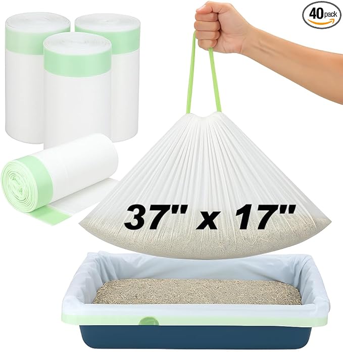 Thickened Extra Large Cat Litter Box Liners 37" x 17", 40 Count Kitty Waste Bags with Drawstring – Heavy Duty Tear-Resistant Waterproof Pre-Separated Cat Litter Pan Liners for Easy Cleanup