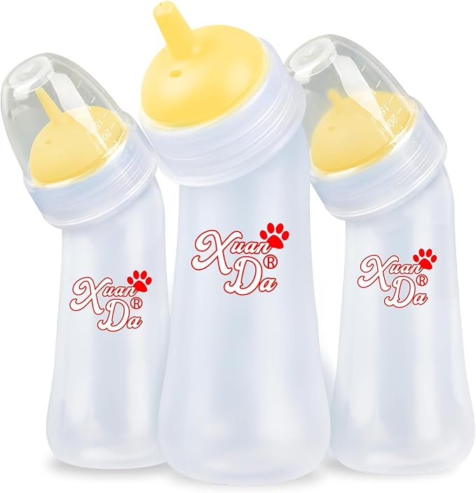 Pet Feeding Bottle,3 Pack Wide Mouth Angled Nursing Bottle, 3 Sizes Nipples with Ventilation Valve Resistant Tearing Perfect for Puppies, Kittens, Small Wildlife(Yellow)