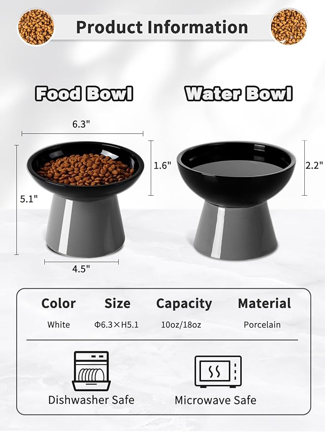LoeJan Elevated Cat Food and Water Bowls Set, Extra Wide and Raised Ceramic Feeder, Anti-Vomit Whisker-Free Pressure Feeding Bowl for Kittens Adult Small Dogs (Black, Food Bowl)
