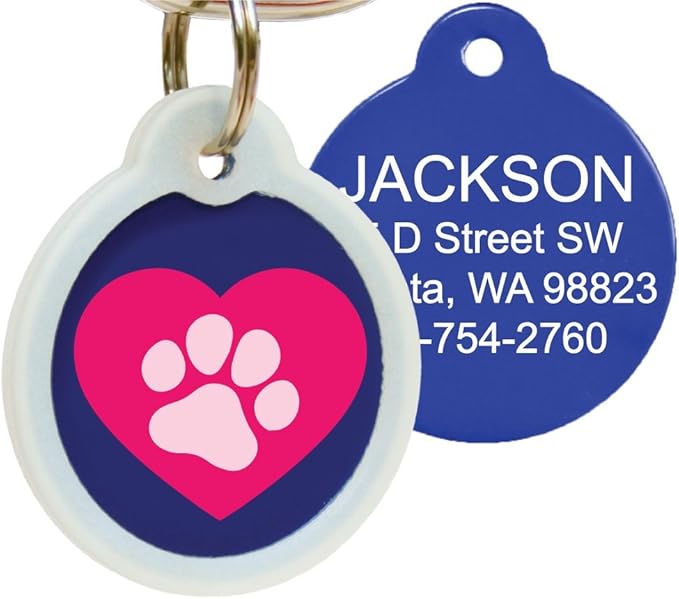 GoTags Unique Pet Tags, Personalized with 4 Lines of Custom Engraved ID, Silent Dog Tags with Glow in The Dark Silencer to Quiet Tag, Several Cute Tag Designs for Cat or Dog, (Heart with Paw)
