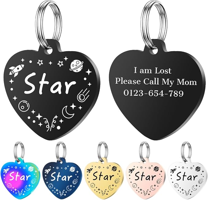Personalized Dog Tags, Stainless Steel Pet Tags Personalized Cat, Collar Charm Engraved on Both Sides, up to 4 Lines of Custom Text, Multiple Patterns Colors Size Options (Star, Large)