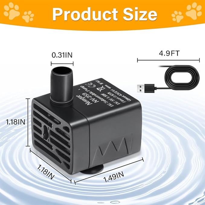 Ultra-Quiet Replacement Pump for Cat Water Fountains Submersible Pet Drinking Fountain Dog Water Dispenser Pump 5V IPX8 Waterproof （USB Cable）