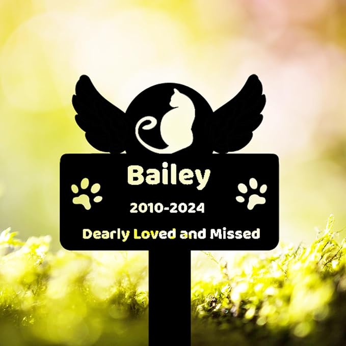 Custom Memorial Grave Marker, Personalized Cat Memorial Stake with Wings, Outdoor Metal Cat Burial Stake Garden Decor, Cat Memorial Cross Memorial Gifts for Loss of Cat