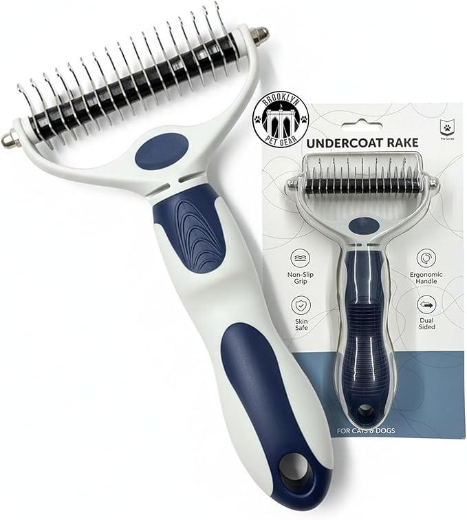 BPG Pet Grooming Tools for Dogs & Cats- 2 in 1 Dual Sided Undercoat Rake for Dogs Heavy-Duty Non Slip Grip Deshedding Comb Skin Safe with Ergonomic Handle to Reduce Shedding