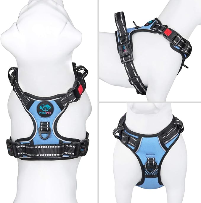 PHOEPET No Pull Dog Harness 3M Reflective Adjustable Vest with a Training Handle, Name ID Pocket, 2 Metal Leash Hooks, 3 Snap Buckles [Easy to Put on & Take Off](XL, Baby Blue)