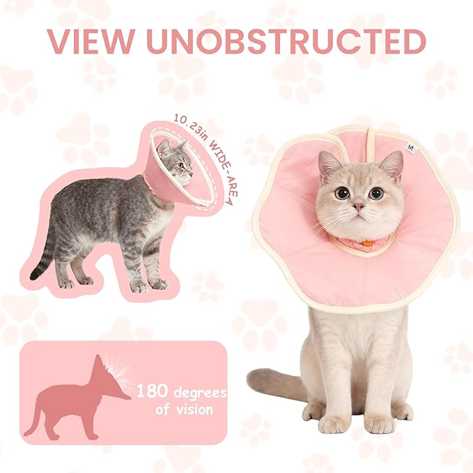 Soft Adjustable Cat Recovery Collar, Lightweight Waterproof Elizabethan Cone for Cats – Comfortable Protective Cat Cone to Prevent Licking After Surgery, Grooming & Skin Care (Pink, M)