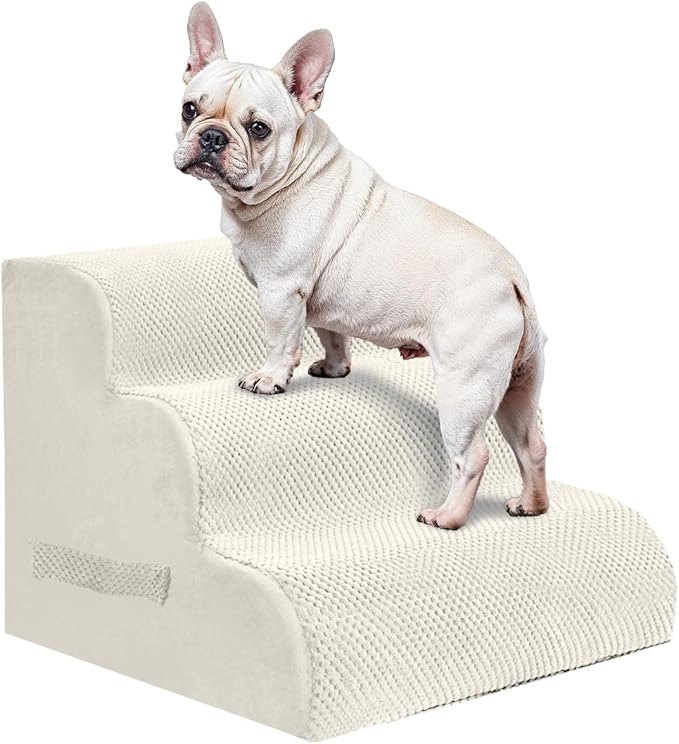 PAWSCART Dog Stairs for Small Pets, 15.7" H with 30D Material Soft Foam, Portable Ramp Non-Slip Surface Non-Slip for Couch and High Bed Climbing, 3-Step Stairs for Cat or Dog, Beige