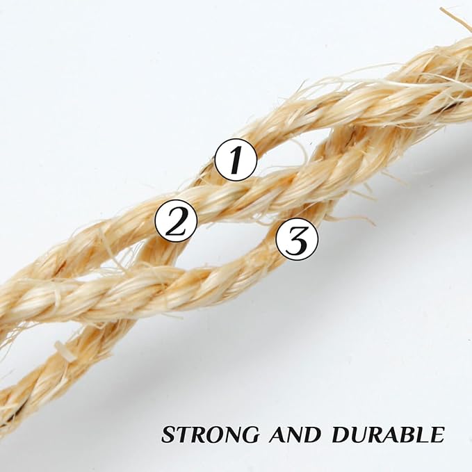 Natural Sisal Rope 1/4 Inch by 65-Feet for Cat Scratching Post Tree Tower Replacement Repair and Replace, DIY Hemp Twine Rope for Kittens Shelves Furniture Window Bed Perch Hammock cave, 6mm by 20m