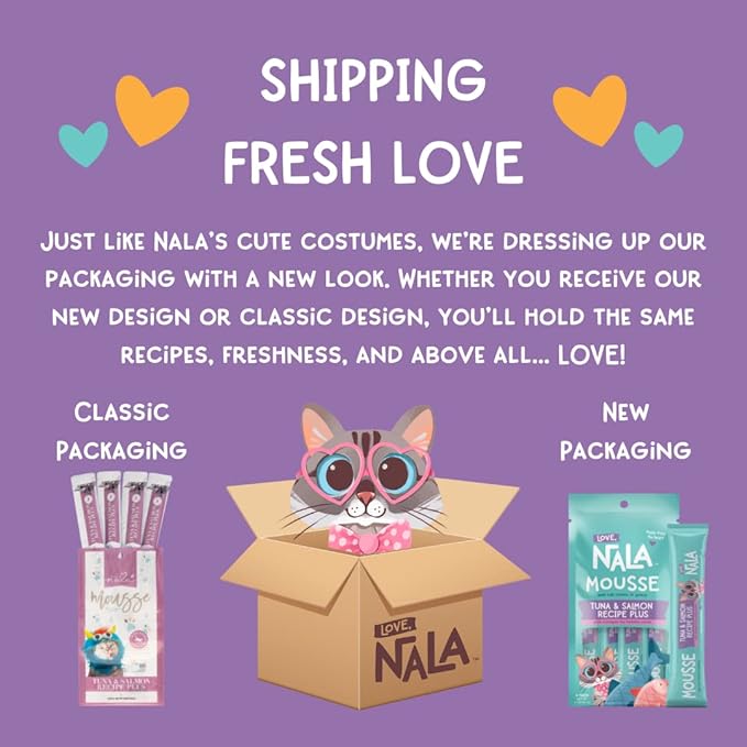 LOVE, NALA Tuna + Omega-3 Mousse Cat Treats – Brain & Heart Health Support – Lickable Squeeze-Up Puree, Topper or Treat – Grain-Free, 4 Pack – Human-Grade Protein, Non-GMO, No Artificial Additives