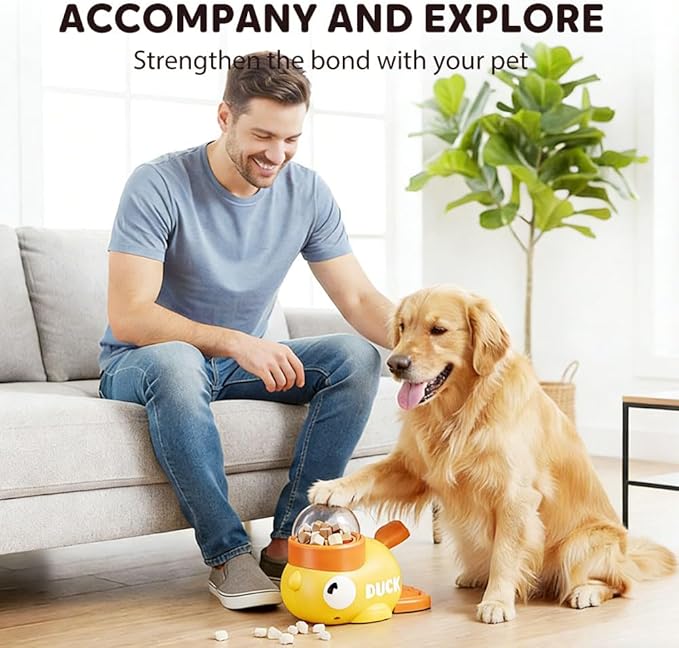 2 in 1 Dog Interactive Slow Feeder, 2026 New Slow Feeder Dog Bowl, Duck Treat Dispenser, Automatic Feeding Machine Intelligent for Small, Medium Dogs, Cats (Yellow)