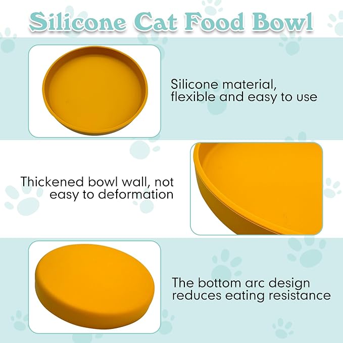 Silicone Dog Bowl Shallow Cat Food Bowls 7" Wide Puppy Plates Whisker Fatigue Pet Feeding Dishes Set of 2 for Dry Food and Wet Food Indoor (Round Yellow)