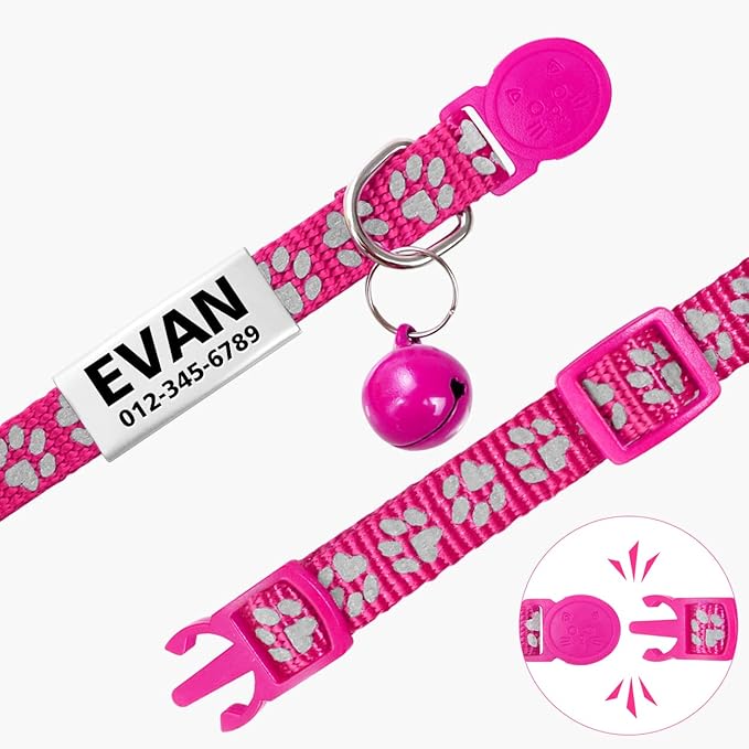 TagME 2 Pack Cat Collar with Name Tag, Personalized Reflective Cat Collar Breakaway with Bell for Boy & Girl Cats, Hot Pink