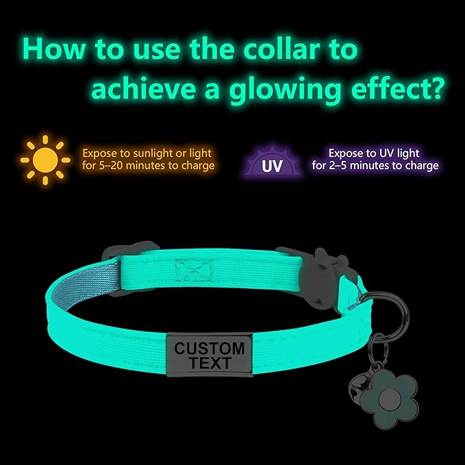 Custom Glow in the Dark Cat Collar with Breakaway Buckle Anti-Lost Nameplate Luminous Cat Collar - Adjustable Size (8-11 Inch) for Kittens Cats, Personalized Laser Engraving ID Tag & Removable Bell