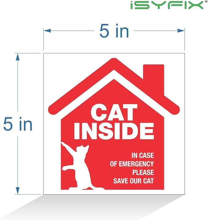 iSYFIX Cat Inside Alert Signs Stickers - 4 Pack 5x5 Inch - Premium Self-Adhesive Vinyl, Laminated for Ultimate UV, Weather, Scratch, Water and Fade Resistance, Indoor and Outdoor Red