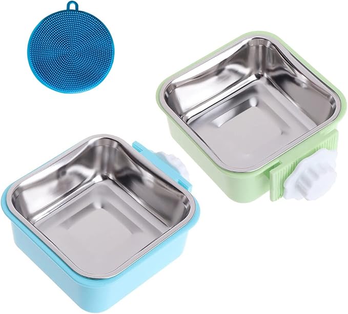 Love Dream Crate Dog Cat Bowls, Removable Stainless Steel Hanging Pet Cage Bowls Kennel, Food Water Feeder with Bolt for Puppy Birds 2 Pack with Silicone Sponge Dish Brush