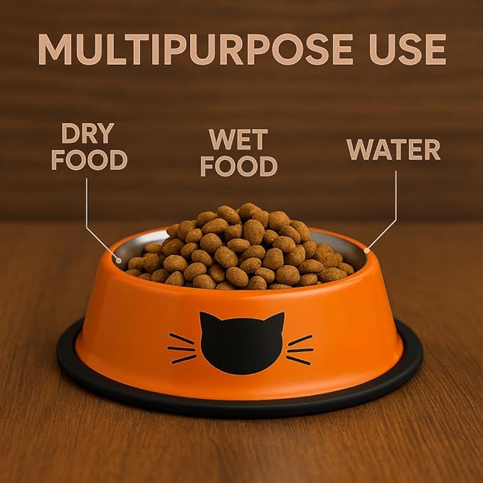 3 Pack Printed Stainless Steel Cat Bowls – 8.1 fl oz Anti-Skid Food & Water Cat Feeding Bowls|Cat Dish for Food and Water Bowl|Cat Feeding Bowl for Kitten (Grey, Black & Orange)