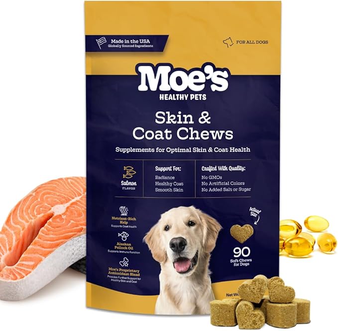 Moe’s Skin & Coat Omega 3, 6, 9 and Vitamin Supplement for Dogs - 90 Soft Chews for Dog Itching Skin Relief Supports Dryness, & Thick, Shiny Coats - with Premium Omega Oil for Dogs of All Breeds