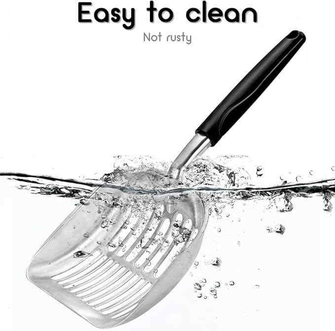 Cat Litter Scoop,Long Handle Cat Scooper,Aluminum Alloy Sifter Metal Scoop,Poop Sifting,Mesh Shovel,Suitable for Cat Litter Box, (Black)