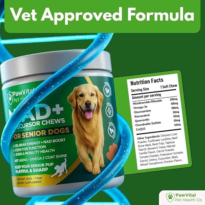 NAD+ Precursor Chews for Senior Dogs – Cellular Energy, Longevity & Cognitive Support – Nicotinamide Riboside, Resveratrol, Quercetin, Glucosamine, Omega-3 – Made with Real Chicken – 90 Count