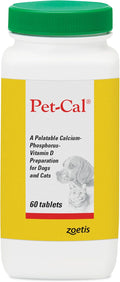 Pet-Cal Calcium, Phosphorous, and Vitamin D Supplement for Dogs & Cats, Daily Dietary Support, Palatable Chewable Tablets, 60 Count Bottle