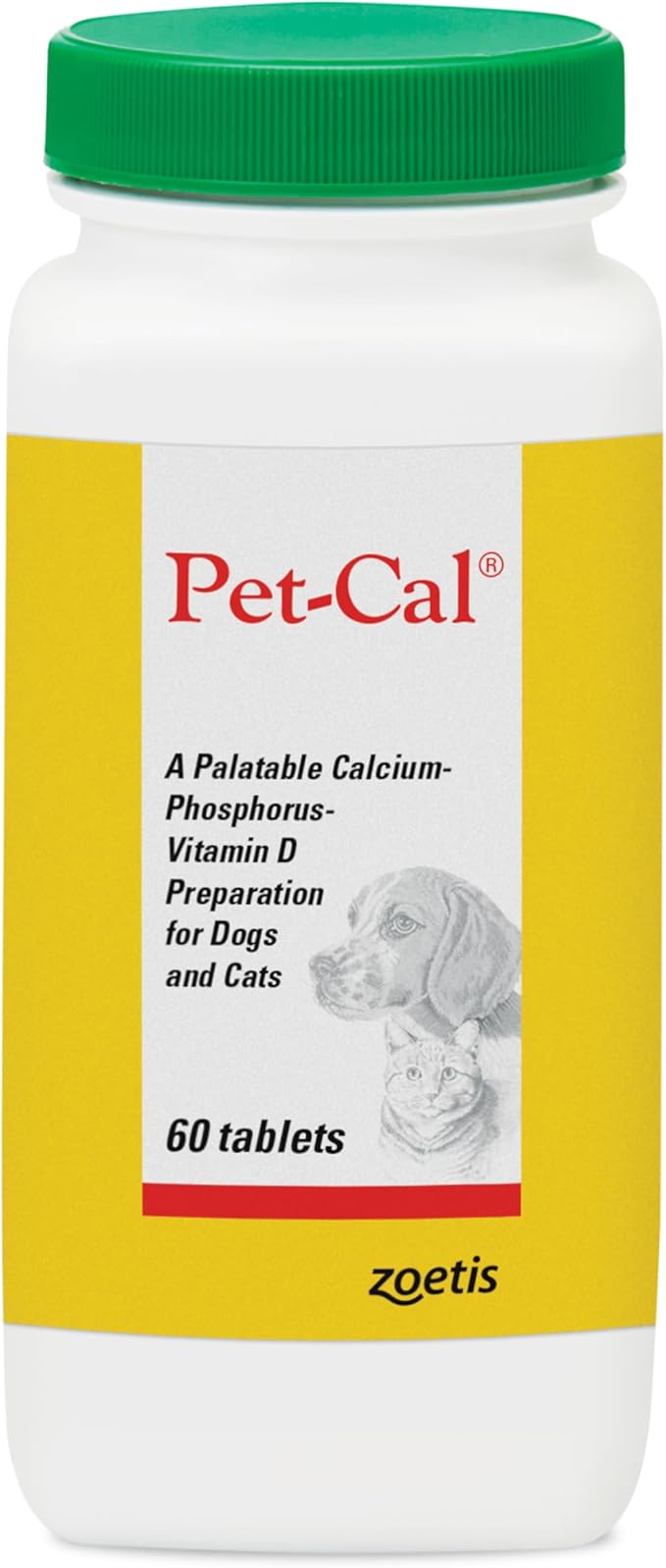 Pet-Cal Calcium, Phosphorous, and Vitamin D Supplement for Dogs & Cats, Daily Dietary Support, Palatable Chewable Tablets, 60 Count Bottle