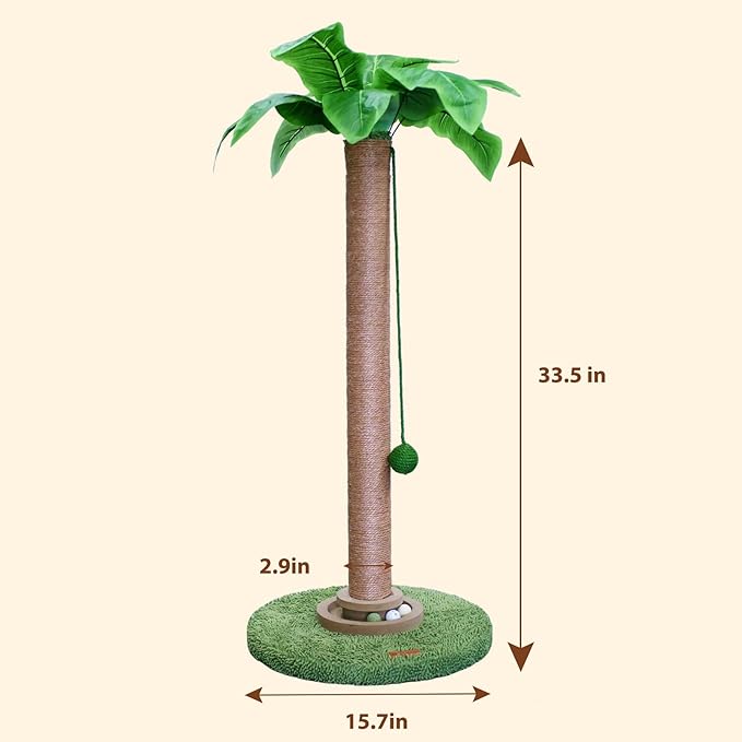 Meowoou Sisal Pole Cat Scratching Post with Wooden Ball Tracker Toy & Interactive Hanging Ball, Natural Palm Leaf Top Cat Tree Tower, 33 inch Tall Round Plush Base Pad for Indoor Kitten Scratcher